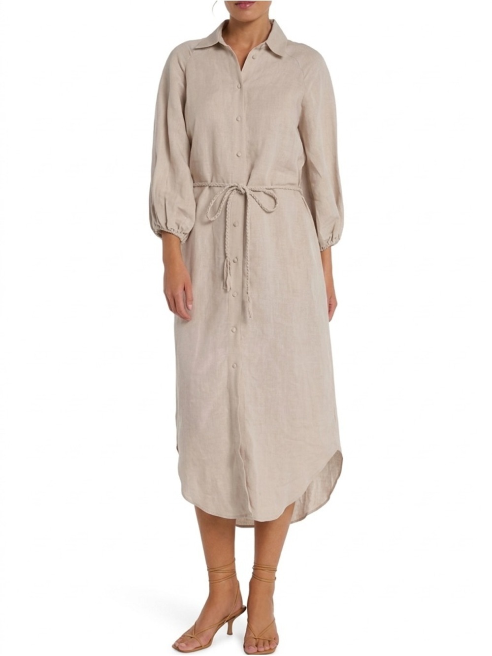 Hermoza Cecilia linen blend neutral tie waist midi Shirt Dress size S